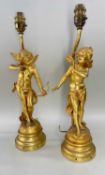 PAIR FRENCH GILT METAL FIGURAL TABLE LAMPS, after August Moreau, of fairy girl and cupid, entitled