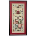 LATE 20TH CENTURY FRAMED NEW ENGLAND SAMPLER alphabetical and numerical with patterned hearts and