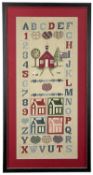 LATE 20TH CENTURY FRAMED NEW ENGLAND SAMPLER alphabetical and numerical with patterned hearts and