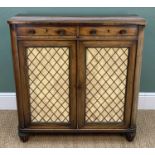 LATE REGENCY ROSEWOOD SIDE CABINET, top with rounded corners, two frieze drawers with brass knob
