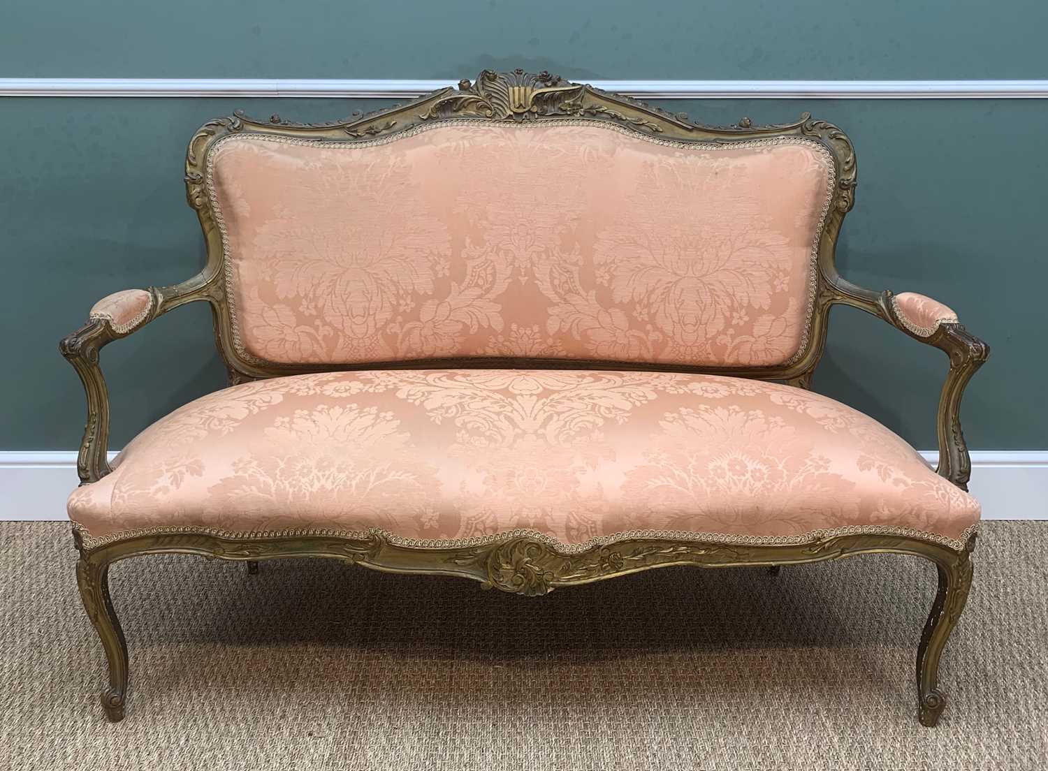 LOUIS XV-STYLE GILTWOOD SALON SUITE, comprising canape and pair of fauteuils, apricot damask - Image 3 of 7
