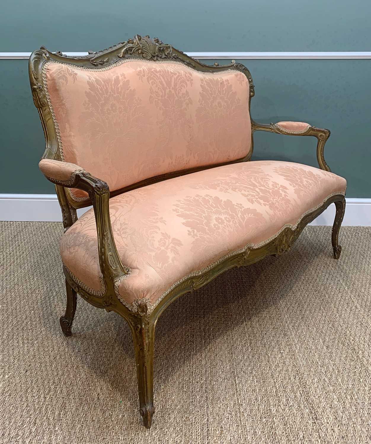 LOUIS XV-STYLE GILTWOOD SALON SUITE, comprising canape and pair of fauteuils, apricot damask - Image 4 of 7