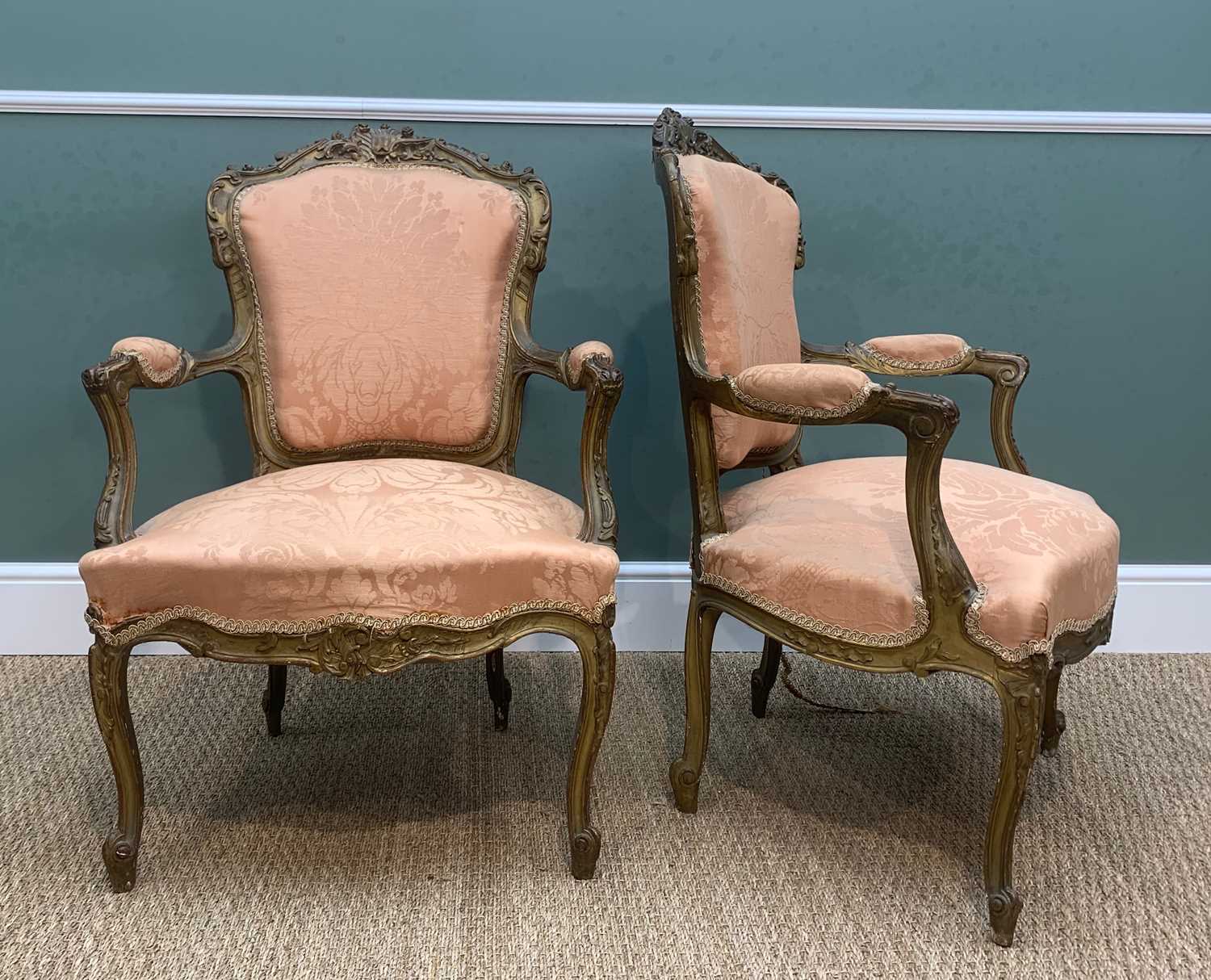 LOUIS XV-STYLE GILTWOOD SALON SUITE, comprising canape and pair of fauteuils, apricot damask - Image 6 of 7