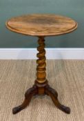 VICTORIAN FIGURED WALNUT TRIPOD TABLE, moulded top on tapering barley-twist column, carved