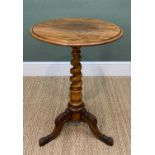 VICTORIAN FIGURED WALNUT TRIPOD TABLE, moulded top on tapering barley-twist column, carved