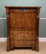 19TH CENTURY AUSTRIAN MAHOGANY SECRETAIRE A ABBATANT, the ebonised dentil cornice above a frieze