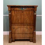 19TH CENTURY AUSTRIAN MAHOGANY SECRETAIRE A ABBATANT, the ebonised dentil cornice above a frieze