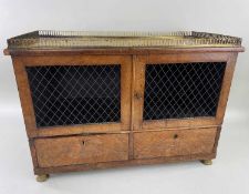 REGENCY-STYLE MAHOGANY DWARF CABINET, with complete pierced brass gallery over pair of wire grille