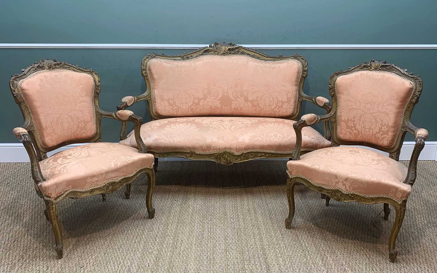 LOUIS XV-STYLE GILTWOOD SALON SUITE, comprising canape and pair of fauteuils, apricot damask - Image 2 of 7