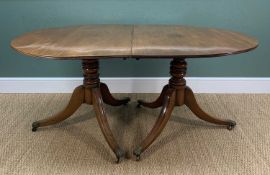 GEORGE III-STYLE MAHOGANY D-END TWIN PEDESTAL DINING TABLE, reeded edge above ring turned columns,