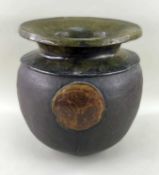 JANET HAMER: STONEWARE STUDIO POTTERY VASE, of urn form with two applied discs, signed, 36cms