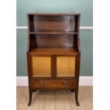 LATE REGENCY STYLE MAHOGANY WATERFALL BOOKCASE, with reeded upper shelves, wire-work cupboards and