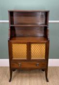 LATE REGENCY STYLE MAHOGANY WATERFALL BOOKCASE, with reeded upper shelves, wire-work cupboards and