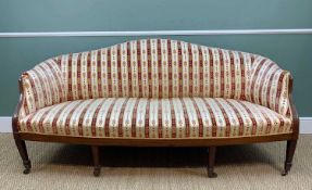 GEORGE III STYLE MAHOGANY SOFA, with padded camel back, arms and seat, four front square tapering