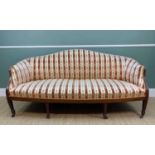 GEORGE III STYLE MAHOGANY SOFA, with padded camel back, arms and seat, four front square tapering