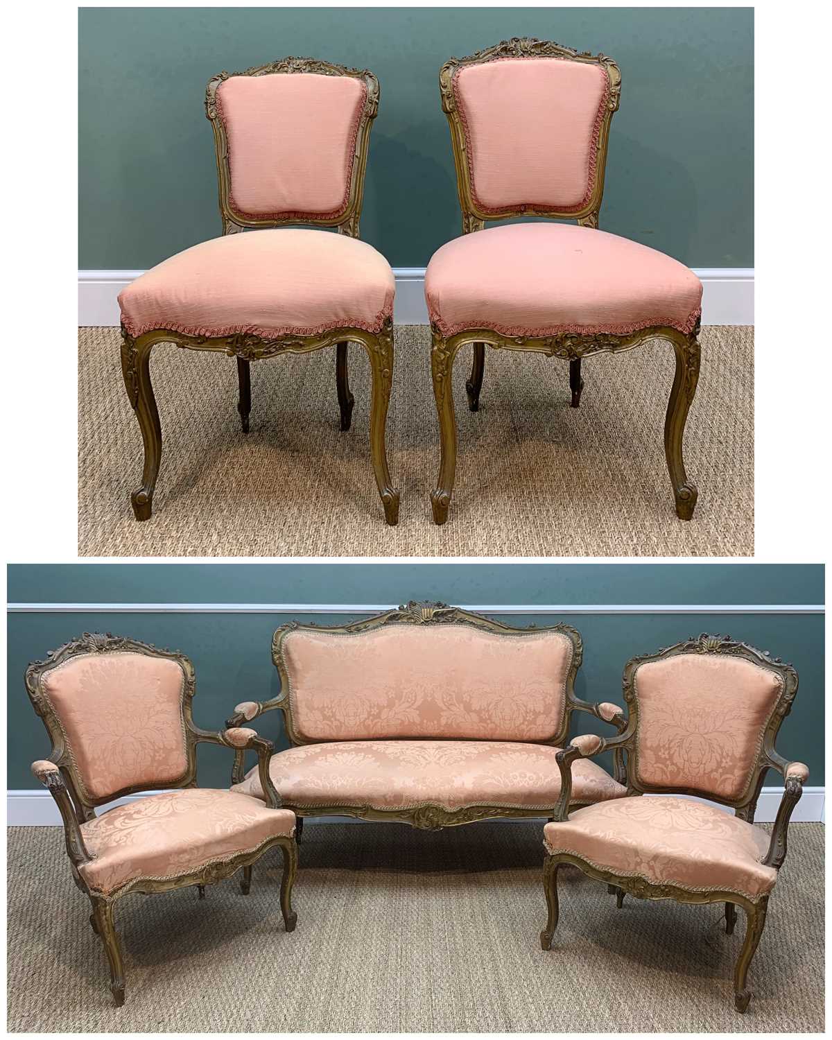 LOUIS XV-STYLE GILTWOOD SALON SUITE, comprising canape and pair of fauteuils, apricot damask