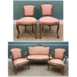 LOUIS XV-STYLE GILTWOOD SALON SUITE, comprising canape and pair of fauteuils, apricot damask