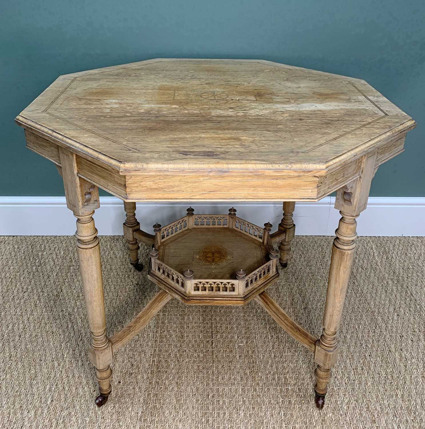 19TH CENTURY ROSEWOOD OCTAGONAL TABLE, c. 1890, with boxwood strung top on four turned legs tied - Image 2 of 2