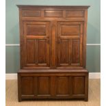 18TH CENTURY OAK & INLAID LIVERY CUPBOARD, Cavetto cornice above panelled frieze and doors between
