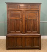 18TH CENTURY OAK & INLAID LIVERY CUPBOARD, Cavetto cornice above panelled frieze and doors between