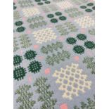 VINTAGE WELSH WOOLLEN TAPESTRY BLANKET / CARTHEN geometric design in pale blue, pink and greens,