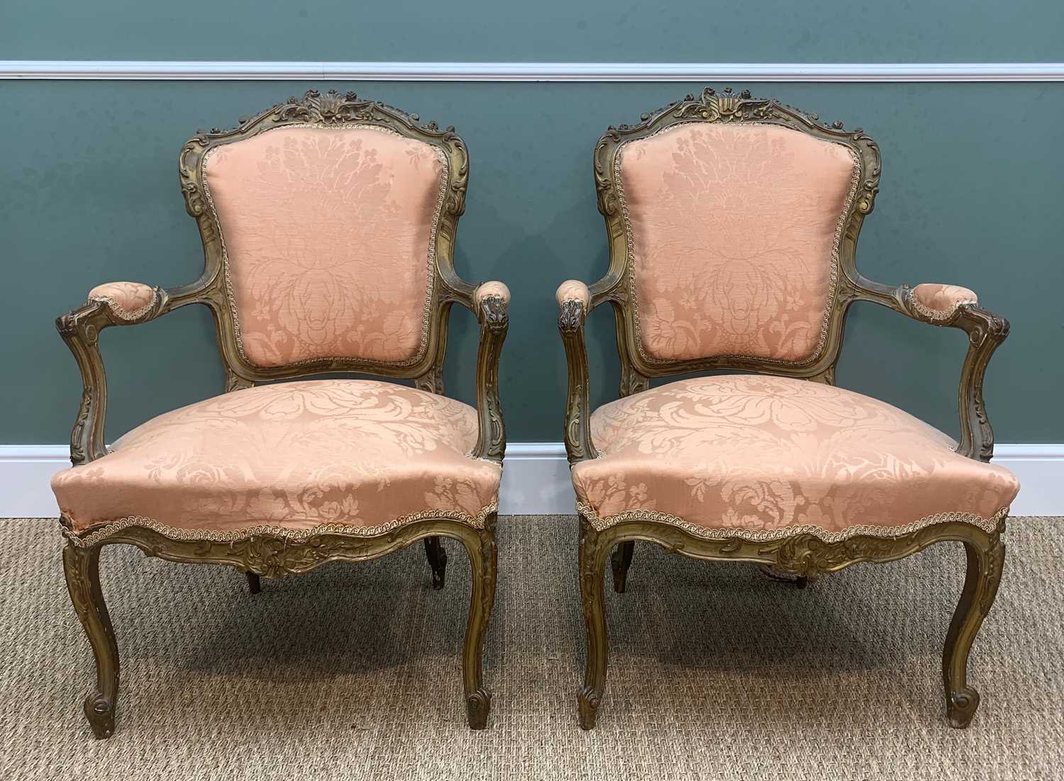 LOUIS XV-STYLE GILTWOOD SALON SUITE, comprising canape and pair of fauteuils, apricot damask - Image 5 of 7