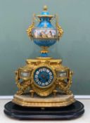 19TH CENTURY FRENCH PORCELAIN MOUNTED ORMOLU MANTEL CLOCK, with spring-driven bell striking