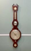 19TH CENTURY MAHOGANY FIVE-GLASS WHEEL BAROMETER, swan neck pediment above a silvered thermometer,