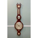 19TH CENTURY MAHOGANY FIVE-GLASS WHEEL BAROMETER, swan neck pediment above a silvered thermometer,