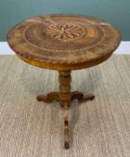 19TH CENTURY PARQUETRY TRIPOD TABLE, with turned column and square section cabriole legs, 71 h x