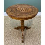 19TH CENTURY PARQUETRY TRIPOD TABLE, with turned column and square section cabriole legs, 71 h x