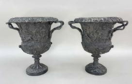 PAIR BRONZE CLASSICAL-STYLE URNS, everted leaf cast rims with intertwining crabstock handles, U-