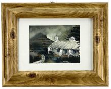 ALUN DAVIES (Welsh Contemporary) acrylic on card - whitewashed cottage with mountains behind,