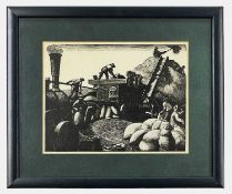 CLARE LEIGHTON (English-American, 1898-1989) monochrome engraving - farmworkers with steam engine