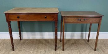 TWO 19TH CENTURY MAHOGANY SIDE TABLES, one with turned legs and double-reeded top, 77h x 91w x 52.