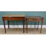 TWO 19TH CENTURY MAHOGANY SIDE TABLES, one with turned legs and double-reeded top, 77h x 91w x 52.