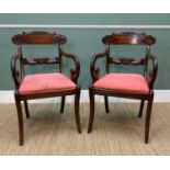 PAIR REGENCY MAHOGANY DINING ARMCHAIRS, foliate carved back and cross-bars, sabre legs (2)