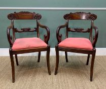 PAIR REGENCY MAHOGANY DINING ARMCHAIRS, foliate carved back and cross-bars, sabre legs (2)