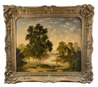 19TH CENTURY BRITISH SCHOOL oil on canvas - River landscape with church ruin, small sailboat and