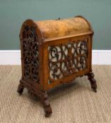 VICTORIAN BURR WALNUT ARCH-TOP MUSIC CANTERBURY, the hinged lid above fretwork sides on shaped legs,