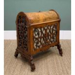 VICTORIAN BURR WALNUT ARCH-TOP MUSIC CANTERBURY, the hinged lid above fretwork sides on shaped legs,