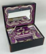 VICTORIAN EBONY & BRASS INLAID WORK BOX, of rectangular form, fitted velvet interior with sewing