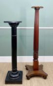 MAHOGANY 'BED POST' TORCHERE, and an ebonised column plant stand, both fluted with square and or