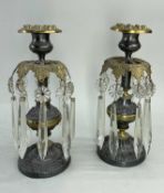 PAIR 19TH CENTURY PRESSED METAL CANDLESTICKS, brass and white metal columns, sconces and foliate