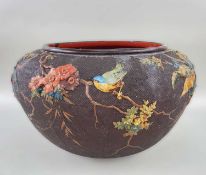 METTLACH TERRACOTTA JARDINIERE, textured brown glaze applied with plants, birds and insects in the