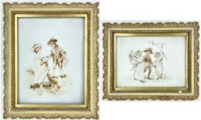 TWO MONOCHROME PAINTINGS ON GLASS, one depicting children at play, 14 x 18cms, the other children