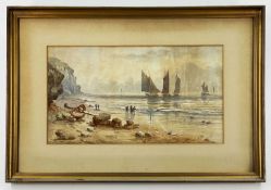 19TH CENTURY ENGLISH SCHOOL watercolour - figures on a beach pulling in remnants of a shipwreck