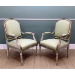 PAIR LATE 19TH CENTURY LOUIS XVI-STYLE FAUTEUILS, grey painted and parcel gilt, frames with riband