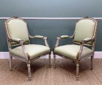 PAIR LATE 19TH CENTURY LOUIS XVI-STYLE FAUTEUILS, grey painted and parcel gilt, frames with riband