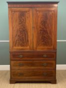 19TH CENTURY MAHOGANY & SATINWOOD CROSS-BANDED LINEN PRESS, panelled fielded doors above